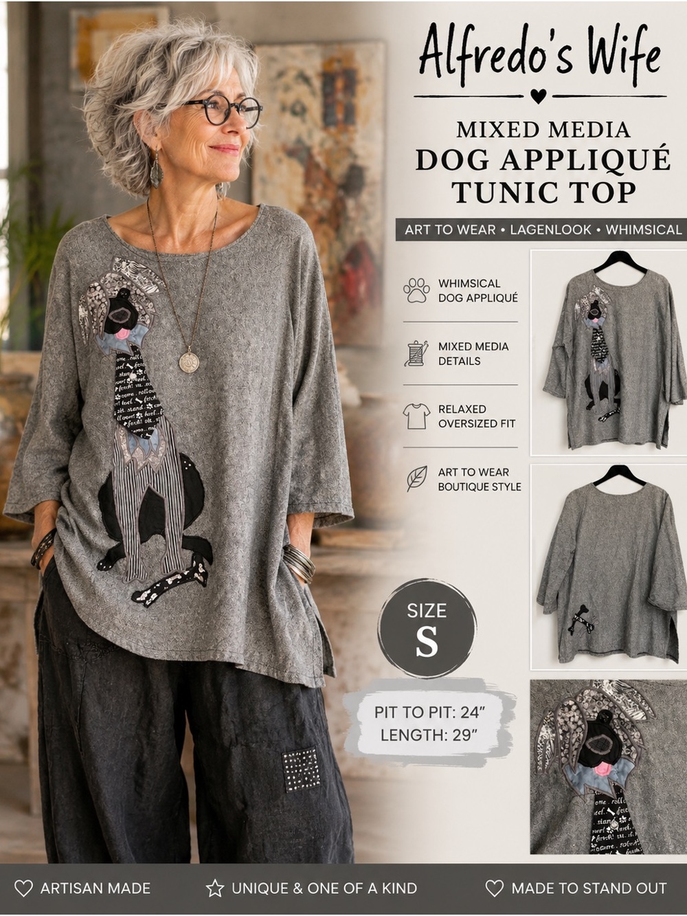 Alfredo's Wife Mixed Media Dog Appliqué Tunic Top Gray Artsy Lagenlook Size S